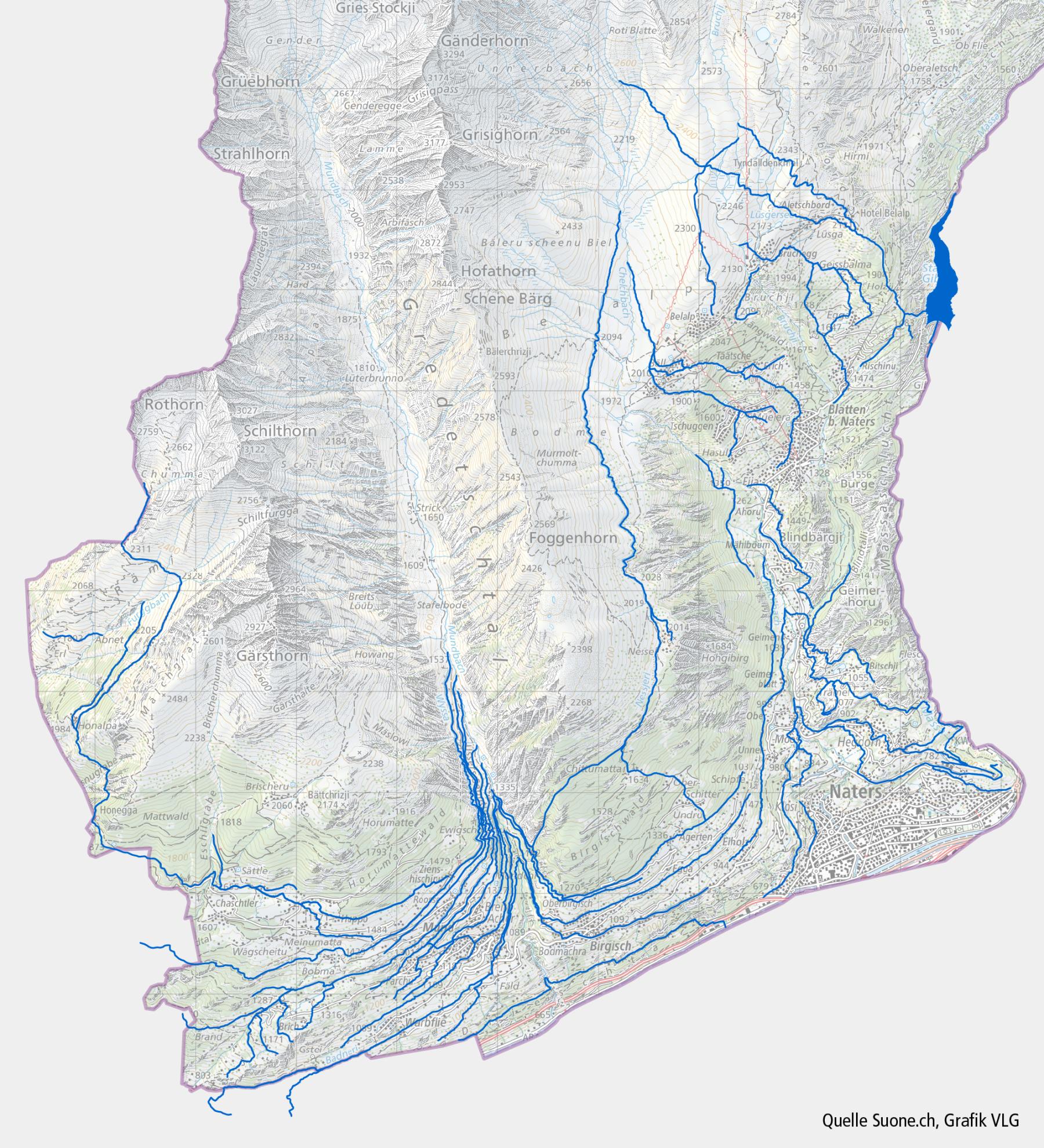 Die rund 50 Wässerwasserleitungen der Region Naters.